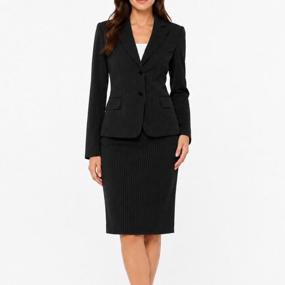 Tahari Black Pinstripe Skirt Suit Blazer & Pencil Skirt Set 2 XS Professional